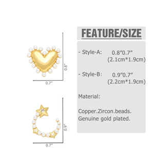 Detail showing heart pearl stud and C-shaped star moon earrings with dimensions