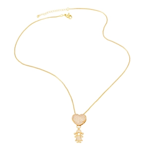 Golden necklace featuring a heart and girl pendant with pavé zircon stones on white background