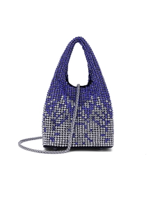 Detail shot of blue and silver rhinestone bucket bag with metal chain and bottom studs
