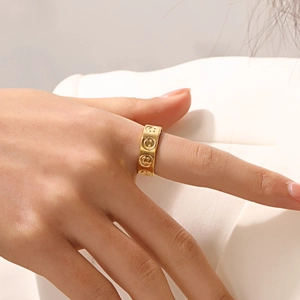 Smiley Face Ring Stainless Steel 18K Gold Plated Adjustable Open Wide Band Geometric Hip Hop Fashion Jewelry For Women