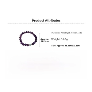 Detailed specs of amethyst beaded bracelet with nephrite jade accent and 8mm round beads