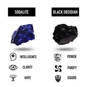 Detailed view of raw Sodalite and Black Obsidian stones with symbolic meaning icons