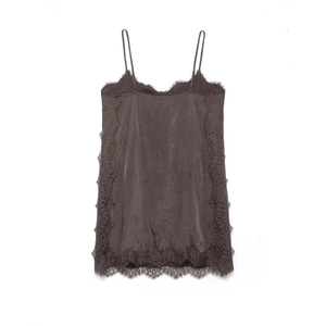 Deep grey satin camisole top for women featuring delicate lace trim and slender straps