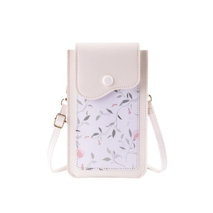 Cream white PU leather crossbody phone bag with floral pattern and touch screen feature
