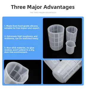 Detail of 750ml silicone measuring cups with scales for DIY resin and paint mixing