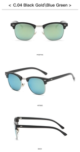 Detailansicht der Vintage Clubmaster-Sonnenbrille in Schwarzgold mit blaugrünen Gläsern