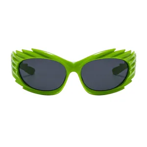 Futuristic bright green wing-shaped sports sunglasses with dark lenses for unisex hip-hop style