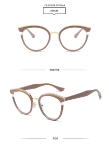 Detailed front and side view of khaki cat-eye TR90 frames with metallic temples