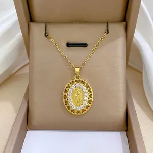 Stainless Steel Copper Virgin Mary Portrait Oval Pendant Necklace Heart Hollow Rhinestone Religious Jewelry For Women Gift