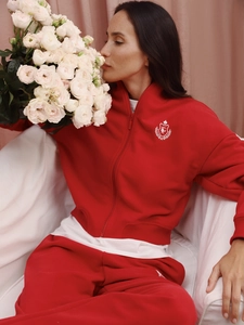 Set sportivo rosso due pezzi con giacca con zip stampata e pantaloni larghi a vita alta
