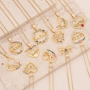 18K gold plated MOM pendant necklaces with heart shape and colorful zircon stones