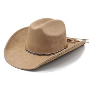 Classic khaki faux suede Western cowboy hat with sparkling band and curved wide brim