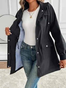 Women Long Hooded Windbreaker Jacket Polyester Drawstring Waist Striped Lining Casual Elegant Outwear Pocket