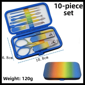 Rainbow gradient 10-piece stainless steel manicure set showing open and closed case