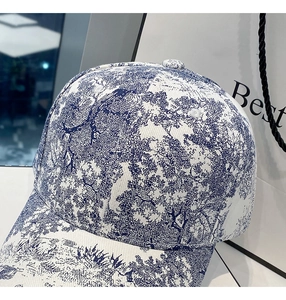 Detail of blue and white Toile de Jouy print on a stylish baseball cap fabric texture