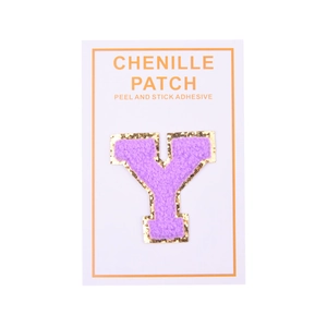 Close-up of purple chenille letter Y patch with gold sequin border and peel and stick back