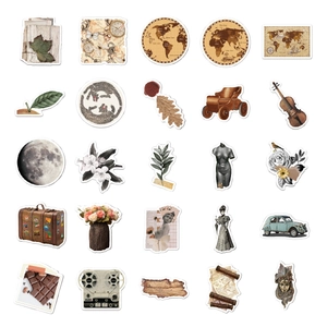 Vintage aesthetic 25pcs sticker set for scrapbooking featuring maps, violins and clock motifs