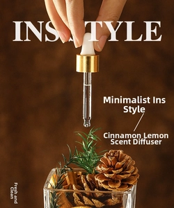 Close-up of cinnamon sticks and lemon slices in glass jar with golden dropper