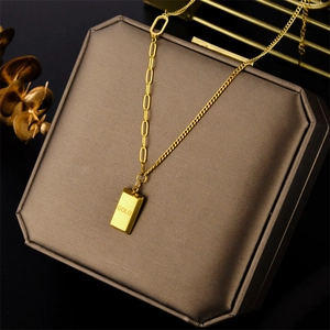 Gold Brick Pendant Necklace Stainless Steel Asymmetric Paperclip Curb Chain Trendy Clavicle Accessory For Women