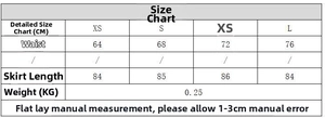 Detailed size chart for printed midi skirt with waist and length measurements in centimeters