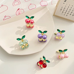 Golden alloy cherry hair claws with colorful beads and marquise rhinestones set of six
