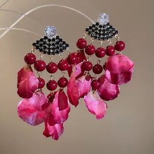 Retro Flower Petal Tassel Drop Earrings With 925 Sterling Silver Earring Post Rhinestone Crystal Red Beads Bohemian