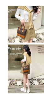 Detail of vintage tote bag with geometric pattern and golden chain strap for women