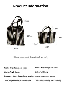 Detailed size chart for large canvas tote bag and small handbag with striped pattern