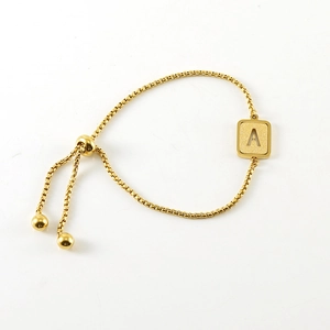 Adjustable gold stainless steel box chain bracelet featuring a square cutout A-letter charm