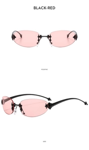 Detail of Y2K star frameless oval sunglasses with black-red lenses and metal frames