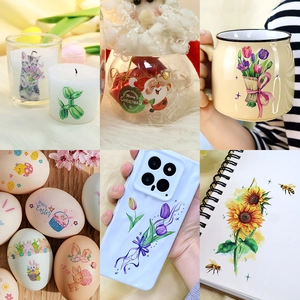 Detailed view of colorful decorative stickers applied on mugs, candles, and phone cases