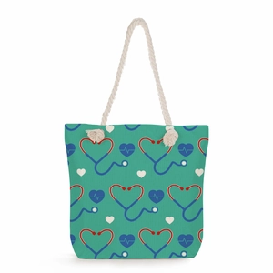 Teal nurse tote bag with medical stethoscope print and rope handles for daily travel