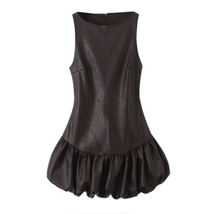 Ärmelloses Mini Kleid Aus Kunstleder Mit Rundhalsausschnitt Hoher Taille Und Puffsaum Sexy Modisches Damenkleid