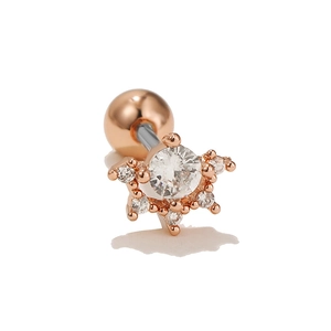 Close-up of rose gold snowflake ear stud with sparkling zircon and round ball back screw