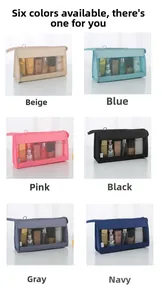 Six colors available of mesh toiletry bags in beige, blue, pink, black, gray, and navy