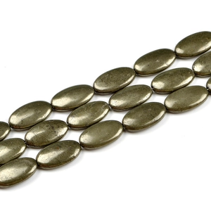 Strang aus ovalen Pyrit-Natursteinperlen mit poliertem, metallischem Goldbronze-Finish