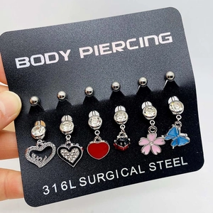 Set of six 316L surgical steel belly button rings with butterfly and heart charms