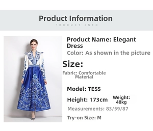 Detail view of V-neck floral midi dress with blue porcelain print and fabric specifications