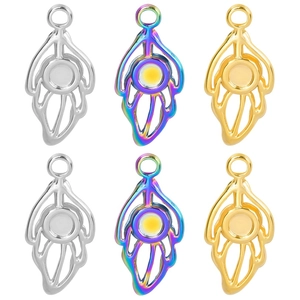Stainless Steel Leaf Feather Pendant Charms For DIY Jewelry Making Hollow Round Setting Base Vacuum Plated Chic Accessories