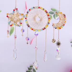 Crystal Suncatcher Prism Pendant Golden Wire Wrapped Star Moon Circle Window Hanging Decor Colorful Beads Boho Style