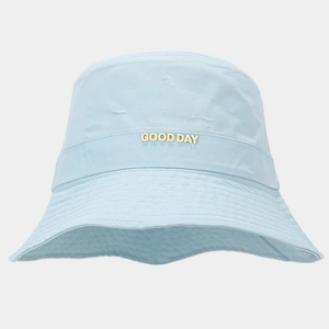 Detail of light blue bucket hat featuring waterproof fabric and GOOD DAY leather patch