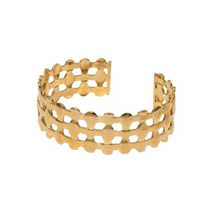 Minimalist gold-plated stainless steel hollow bangle with geometric woven grid design