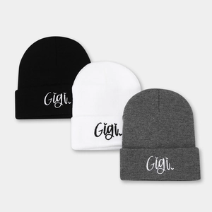 Knitted beanie hat set in black white and gray with Gigi embroidery for winter warmth