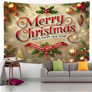 Detail of a large Merry Christmas tapestry showing digital print on a sofa background