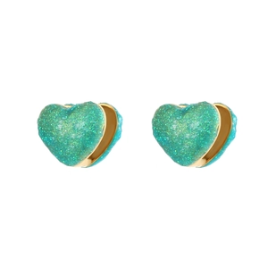 Elegant heart-shaped golden earrings with sparkling green glitter inlay for women