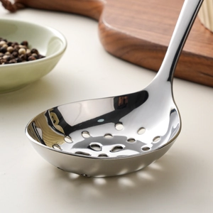 Polished 304 stainless steel slotted spoon with long handle for kitchen cooking