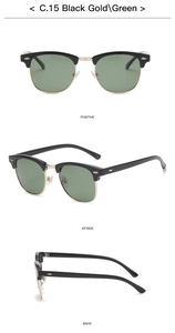 Makroansicht der Clubmaster Sonnenbrille mit schwarzem Goldrahmen und grünen Gläsern