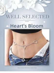 Detail showing sparkling rhinestone body chain with heart pendants on waist