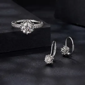 Luxurious S925 sterling silver jewelry set featuring 1ct round moissanite ring and earrings