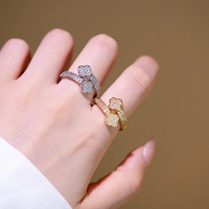 Four Leaf Clover Open Ring Copper 18K Gold Plated Cubic Zirconia Pave Sparkling Elegant Adjustable Jewelry For Women